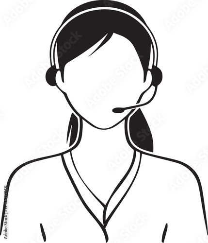 Hand Drawn Female Customer Service Agent Black and White Avatar Illustration in Minimal Line Art Style Design