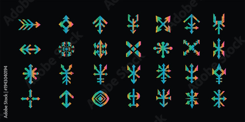 Collection of 25 abstract symbols with neon colors on a black background