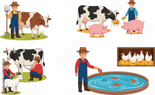 Farm life illustration, farmer with cow, pig feeding, goat and milking, aquaculture pond, chickens in coop, agriculture animals care