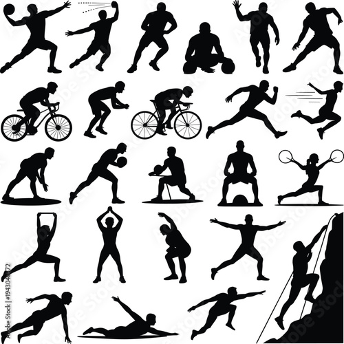 Collection of athlete silhouettes performing different sports activities including running cycling basketball tennis workout stretching climbing and fitness training isolated on white