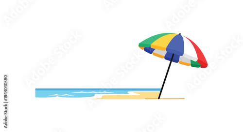 Colorful beach umbrella on sandy shore with calm ocean waves in bright sunny lighting for travel advertising