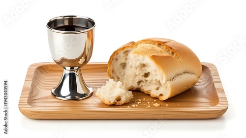 Holy Communion Bread and Wine Chalice on Wooden Tray