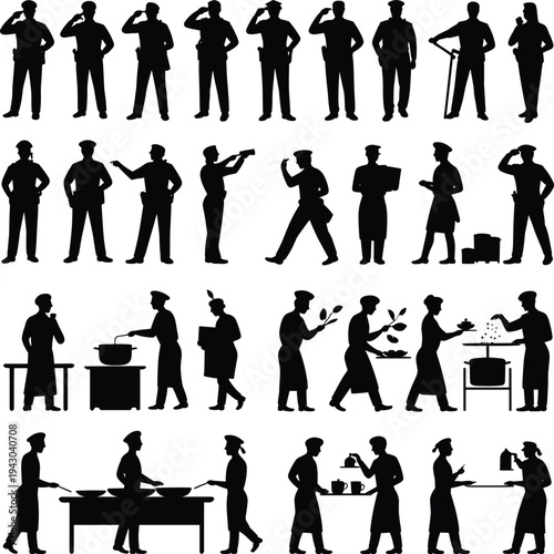 Collection of police officer and chef silhouettes showing law enforcement security cooking kitchen restaurant service staff activities isolated on white background profession concept