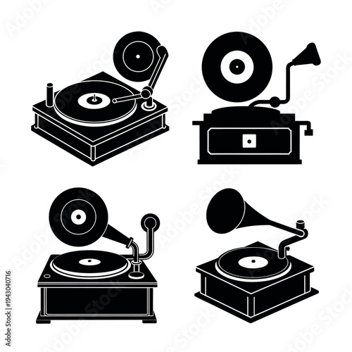 Retro Vinyl Record Music Player Silhouette Set
