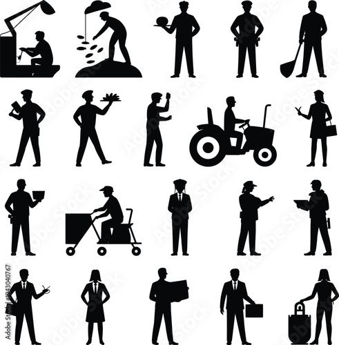 Collection of professional silhouettes showing different occupations including miner chef police farmer technician engineer businessman worker and service staff isolated on white