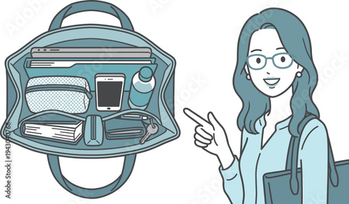 バッグの中身と女性の説明ポーズ｜持ち物紹介ライフスタイルイラスト