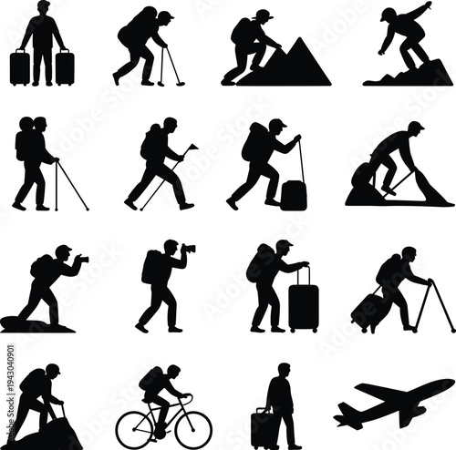 Collection of traveler and adventure silhouettes showing trekking hiking climbing photography cycling carrying luggage and mountain exploration activities isolated on white background