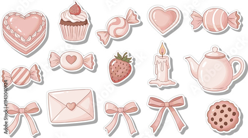 Pink Valentines Day stickers with bows and sweets in soft pastel colors on white background for greeting card