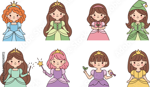 Cute princess cartoon character set, fairy tale girls with crowns and magic wand, adorable fantasy royal children illustration