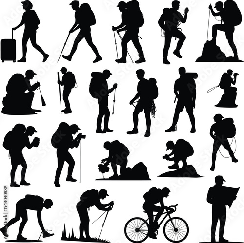 Collection of trekking and adventure traveler silhouettes showing hiking climbing photography cycling camping exploration with backpack trekking poles and mountain travel isolated