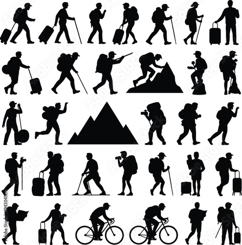 Large collection of traveler and hiker silhouettes showing trekking climbing hiking photography cycling walking with backpack luggage and mountain adventure isolated