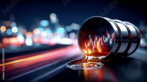 Metal oil barrel with glowing financial chart in dark urban setting