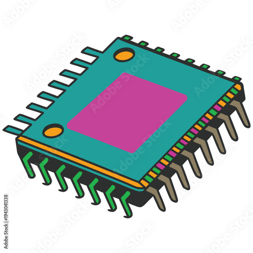 A vibrant illustration of a microchip with a colorful design. The chip represents advanced technology in computing, showcasing its intricate connections and design. Ideal for depicting electronics, di