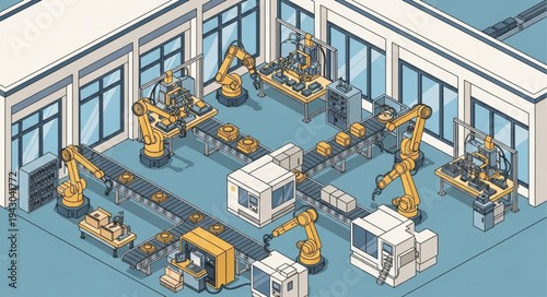 Industrial Robots in Manufacturing Facility.