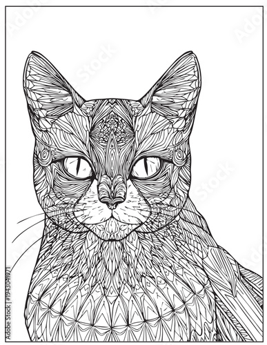 Cute British shorthair cat. Adult coloring book page in mandala style