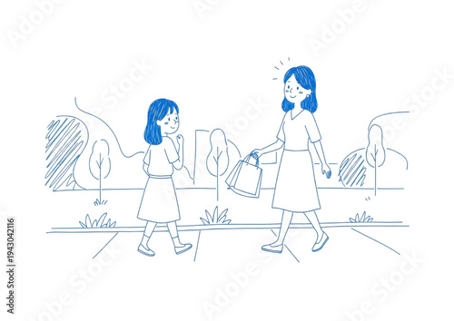 Mother and Daughter Walking With Shopping Bags in a Park Setting