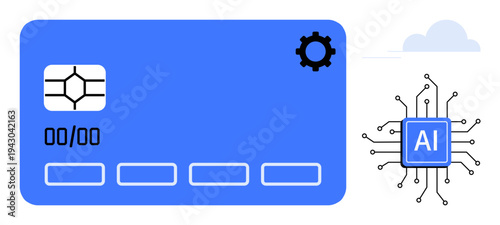 Financial technology, secure payments, artificial intelligence, cybersecurity, cloud computing, innovation. A digital card with AI chip and gear symbol. Financial technology and secure payments