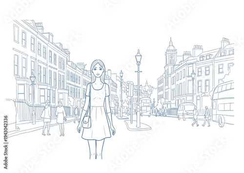 Elegant young woman exploring a picturesque European street with historic buildings in a detailed line art illustration