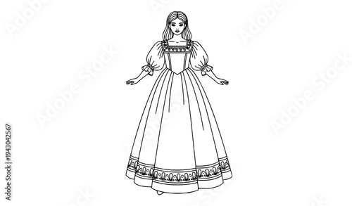 Beautiful girls dress coloring page vector black and white line art fashion illustration