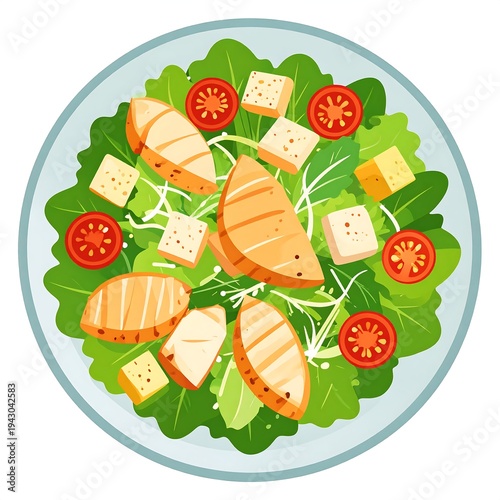 Bowl of salad greens, grilled protein, tomatoes, cheese cubes. Aerial view
