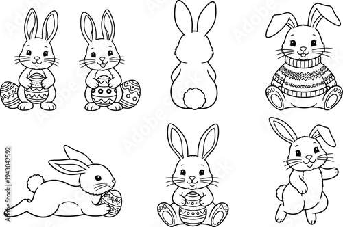 A collection of seven adorable rabbit illustrations in various poses