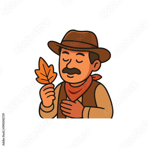 Cowboy holding autumn leaf with calm expression. Peaceful western man appreciating nature.