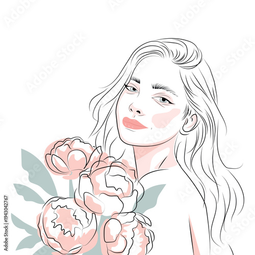 Minimalist vector illustration featuring a beautiful girl with floral bouquet. Created with organic strokes and hand-drawn textures to convey a natural, honest feel.