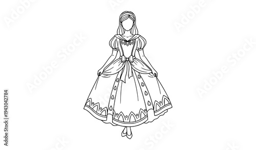 Princess-style girls dress coloring page black and white vector line art illustration