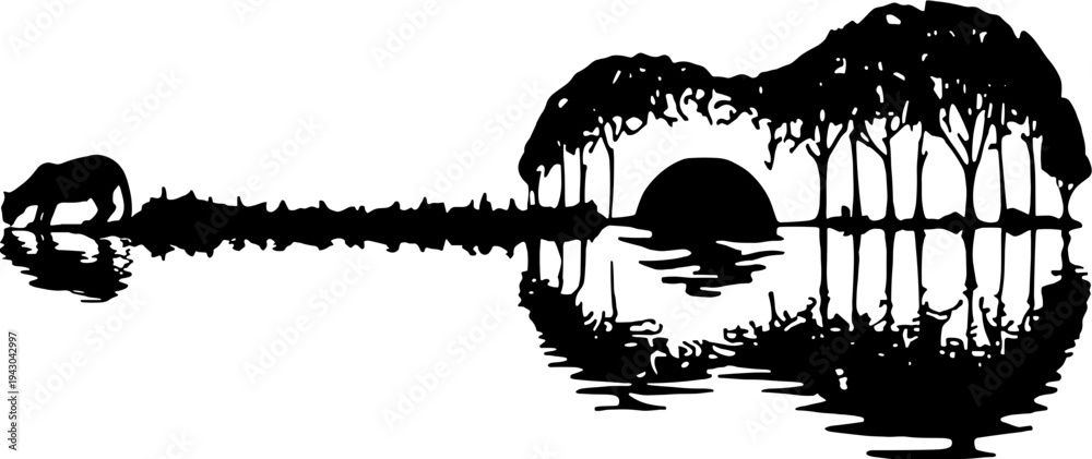 Obraz premium Guitar and Nature Svg, Guitar Like Black Panther Drinking Water Svg
