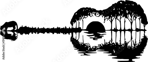 Guitar and Nature Svg, Guitar Like Black Panther Drinking Water Svg