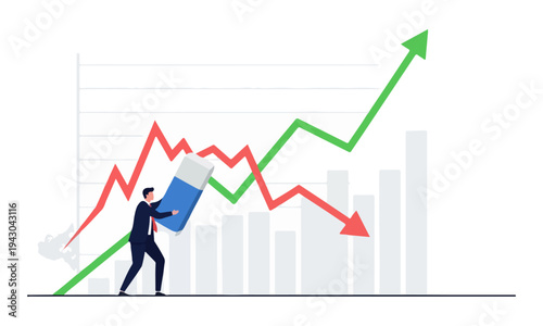 Businessman Erasing Red Downward Arrow on Financial Growth Chart