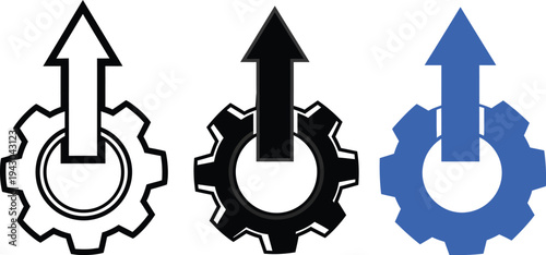 Three gear icons with upward arrows in black and blue