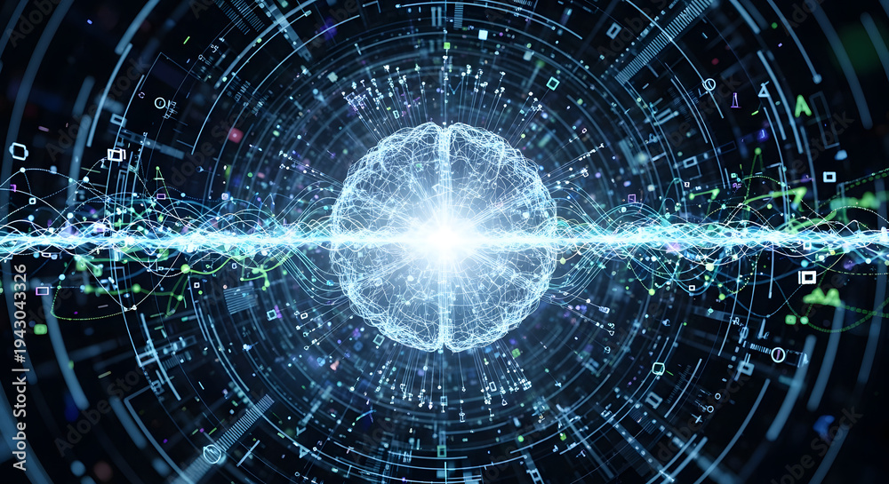 Obraz premium A futuristic digital illustration of a brain with glowing blue circuits and wires, representing artificial intelligence and technology.