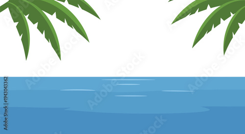 Tropical palm leaves over calm blue water in serene natural lighting for travel brochure