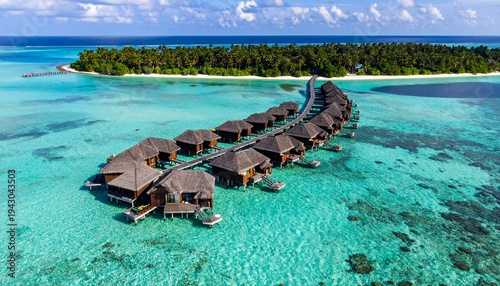 Stunning Aerial View of Luxurious Overwater Bungalows in Tropical Paradise.