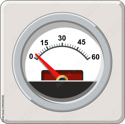 Vector illustration of Analog gauge instrument displaying measurement scale for monitoring pressure or system levels in industrial equipment and engineering control panels.