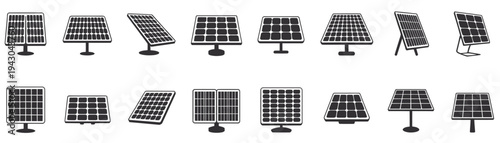 Solar panel technology silhouette icon pack, vector illustrations for renewable energy, solar cells, clean power systems, green technology, and sustainable digital interface projects.