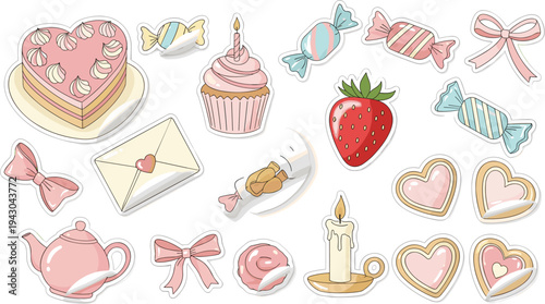 Assorted sweet treats and Valentines Day decorations in pastel colors on white background for festive greeting card