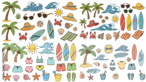 Colorful summer beach leisure vector set featuring surfboards, palms, seashells, sunshine, waves, sunglasses and tropical vacation icons for seaside travel.