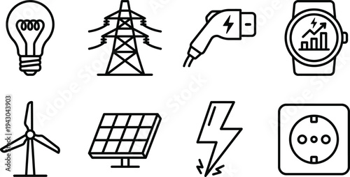 Energy and Electricity Line Icon Set: Renewable Power, Solar Panels, Wind Turbine, EV Charging, and Electrical Infrastructure Vector Symbols for Sustainable Technology and Industry
