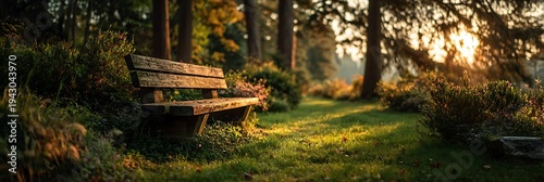 Serene Wooden Bench in a Lush Green Park at Sunset, Tranquil Garden Landscape with Golden Sunlight Filtering Through Trees, Peaceful Outdoor Scene for Relaxation.