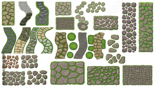 Seamless garden vector set showing decorative stone path patterns for landscape architecture design detailed top view paving layouts for patios.