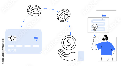 E-commerce, fintech, online transactions, business strategy, financial planning, cashless payments, innovation. credit card coins hand person with lightbulb. Highlights e-commerce and fintech