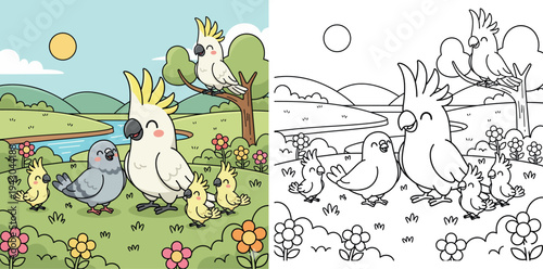 Cheerful Cartoon Birds in a Sunny Park Landscape