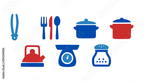 Flat kitchen icon collection featuring cooking utensils, pots, kettle, scale, and spice shaker in simple red and blue style.