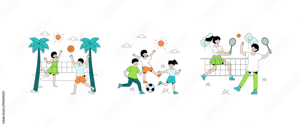 Fototapeta premium Kids Playing Volleyball, Soccer, and Tennis Vector Illustration