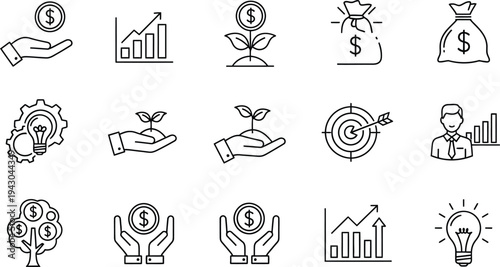 Financial and business icons set for investment and growth