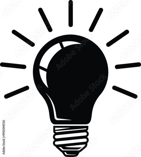 A simple black and white illustration of a glowing light bulb