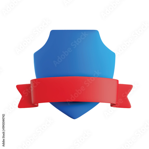 Vector Realistic 3d blue shield with red ribbon icon. Cartoon 3d render of protection and security sign, guarantee symbol, defense concept.