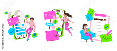 Mobile Payment and Contract Signing Vector Illustration